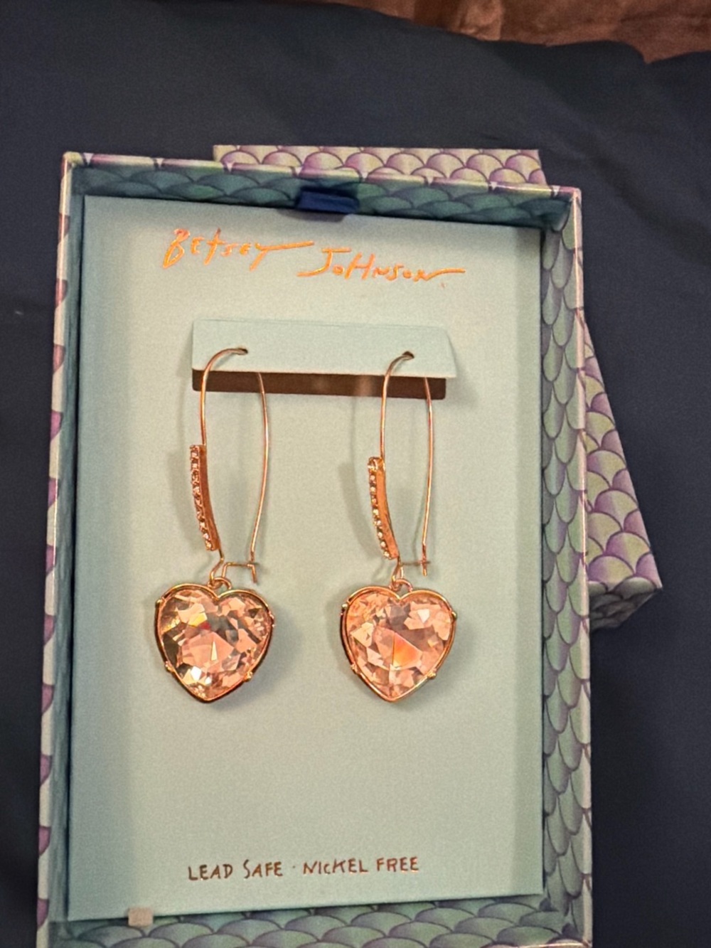 Betsey Johnson Rose Gold Heart Drop Earrings with Blush Crystals